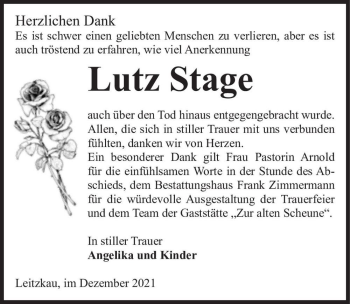 Traueranzeige von Lutz Stage  von Magdeburger Volksstimme