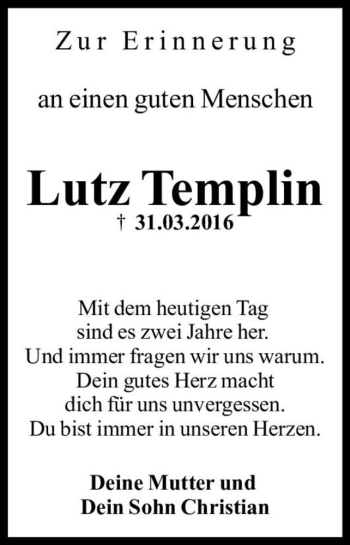 Traueranzeige von Lutz Templin  von Magdeburger Volksstimme