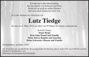 Traueranzeige von Lutz Tiedge  von Magdeburger Volksstimme