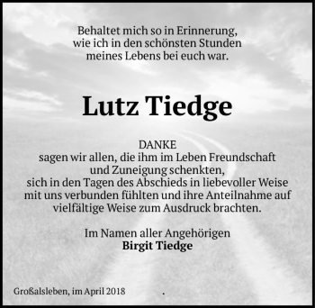 Traueranzeige von Lutz Tiedge  von Magdeburger Volksstimme