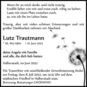 Traueranzeige von Lutz Trautmann  von Magdeburger Volksstimme