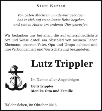 Traueranzeige von Lutz Trippler  von Magdeburger Volksstimme