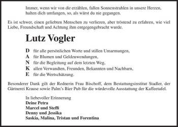 Traueranzeige von Lutz Vogler  von Magdeburger Volksstimme