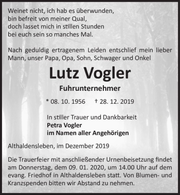 Traueranzeige von Lutz Vogler  von Magdeburger Volksstimme