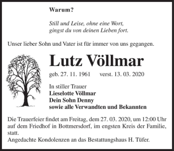 Traueranzeige von Lutz Völlmer  von Magdeburger Volksstimme