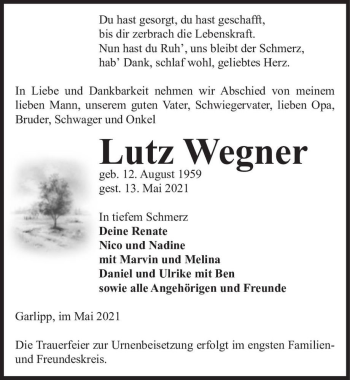 Traueranzeige von Lutz Wegner  von Magdeburger Volksstimme