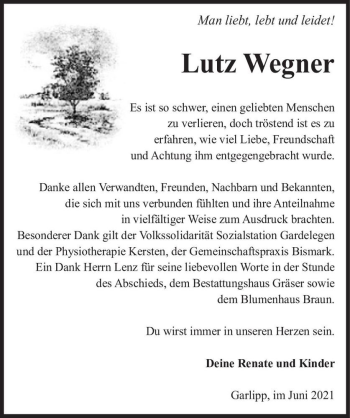 Traueranzeige von Lutz Wegner  von Magdeburger Volksstimme