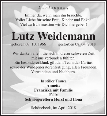 Traueranzeige von Lutz Weidemann  von Magdeburger Volksstimme