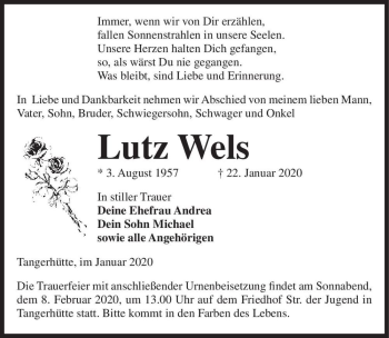 Traueranzeige von Lutz Wels  von Magdeburger Volksstimme