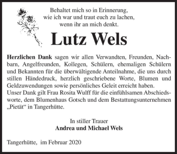 Traueranzeige von Lutz Wels  von Magdeburger Volksstimme