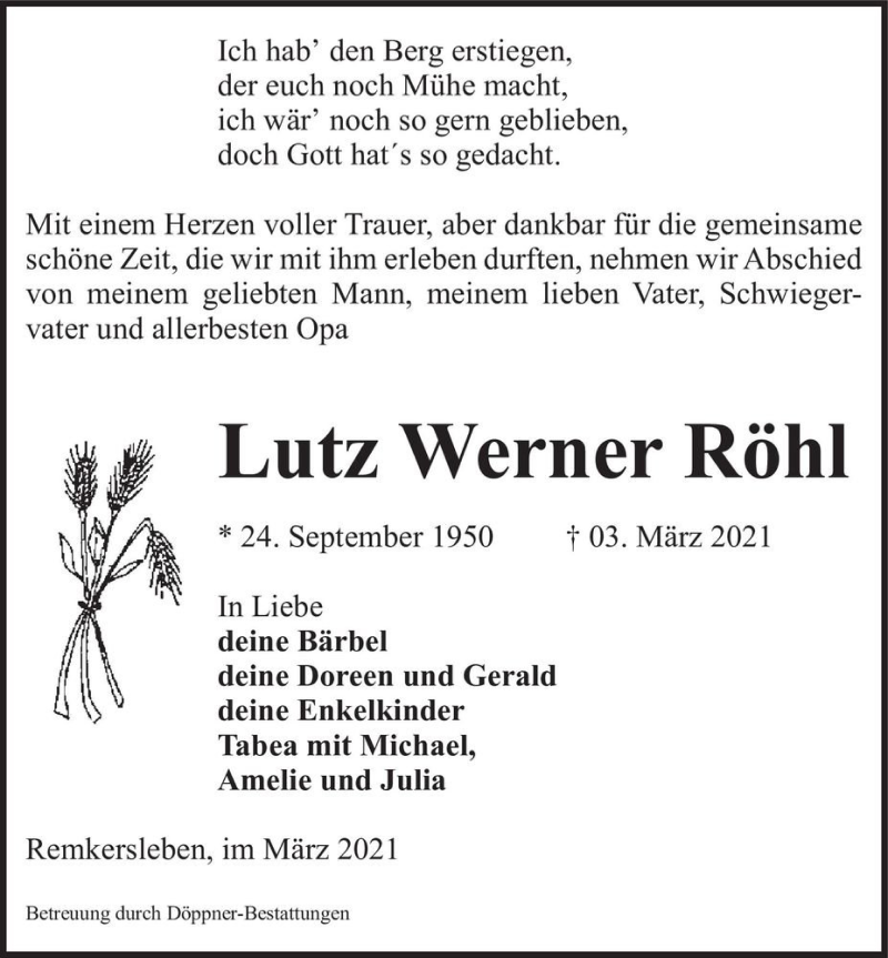  Traueranzeige für Lutz Werner Röhl  vom 06.03.2021 aus Magdeburger Volksstimme