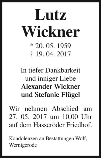 Traueranzeige von Lutz Wickner  von Magdeburger Volksstimme