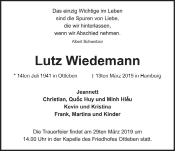 Traueranzeige von Lutz Wiedemann  von Magdeburger Volksstimme