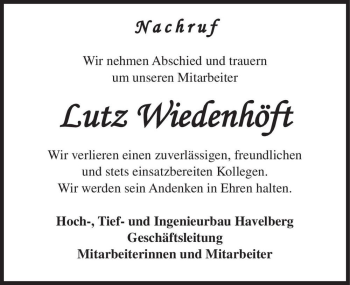 Traueranzeige von Lutz Wiedenhöft  von Magdeburger Volksstimme