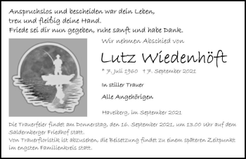 Traueranzeige von Lutz Wiedenhöft  von Magdeburger Volksstimme