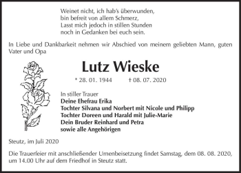 Traueranzeige von Lutz Wieske  von Magdeburger Volksstimme
