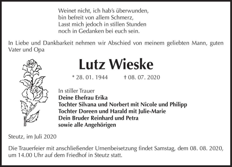 Traueranzeige für Lutz Wieske  vom 11.07.2020 aus Magdeburger Volksstimme