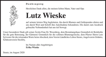 Traueranzeige von Lutz Wieske  von Magdeburger Volksstimme