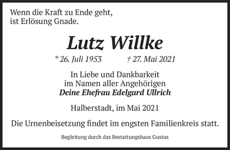  Traueranzeige für Lutz Willke  vom 05.06.2021 aus Magdeburger Volksstimme