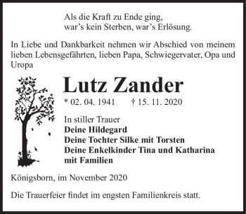 Traueranzeige von Lutz Zander  von Magdeburger Volksstimme