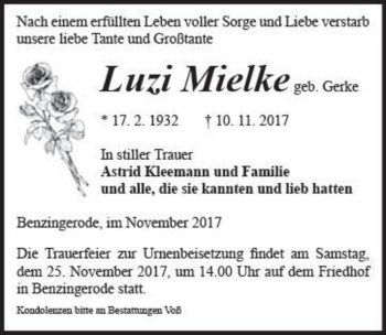 Traueranzeige von Luzi Mielke (geb. Gerke)  von Magdeburger Volksstimme