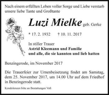 Traueranzeige von Luzi Mielke (geb. Gerke)  von Magdeburger Volksstimme