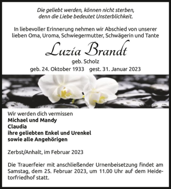 Traueranzeige von Luzia Brandt (geb. Scholz)  von Magdeburger Volksstimme