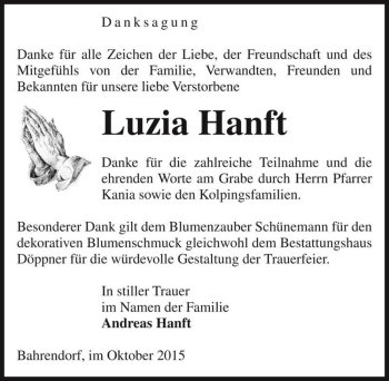 Traueranzeige von Luzia Hanft  von Magdeburger Volksstimme