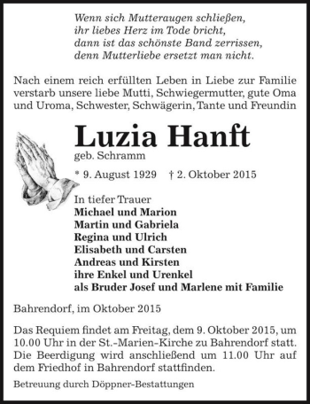 Traueranzeige von Luzia Hanft (geb. Schramm)  von Magdeburger Volksstimme