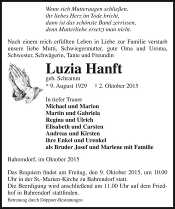 Traueranzeige von Luzia Hanft (geb. Schramm)  von Magdeburger Volksstimme
