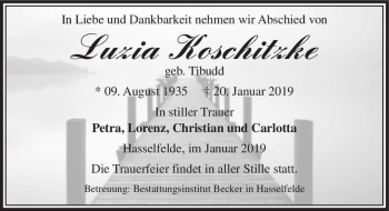 Traueranzeige von Luzia Koschitzke (geb. Tibudd)  von Magdeburger Volksstimme