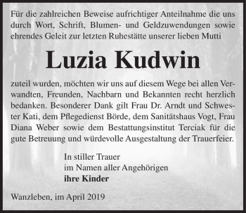 Traueranzeige von Luzia Kudwin  von Magdeburger Volksstimme