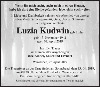 Traueranzeige von Luzia Kudwin (geb. Huhn)  von Magdeburger Volksstimme