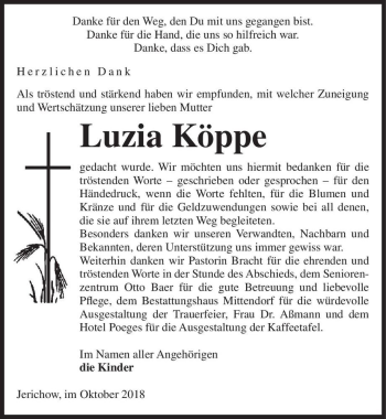 Traueranzeige von Luzia Köppe  von Magdeburger Volksstimme