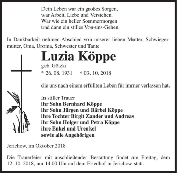 Traueranzeige von Luzia Köppe (geb. Götzki)  von Magdeburger Volksstimme