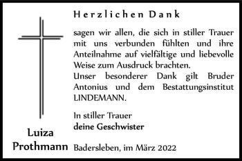 Traueranzeige von Luzia Prothmann  von Magdeburger Volksstimme