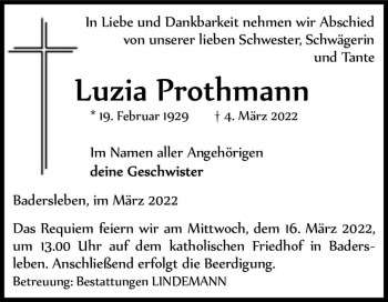 Traueranzeige von Luzia Prothmann  von Magdeburger Volksstimme