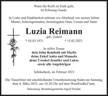Traueranzeige von Luzia Reimann (geb. Zekoll)  von Magdeburger Volksstimme