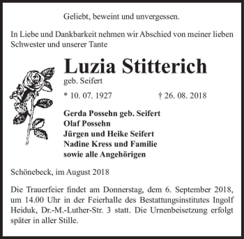 Traueranzeige von Luzia Stitterich (geb. Siefert)  von Magdeburger Volksstimme