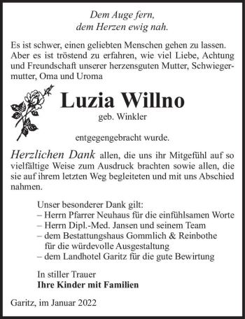 Traueranzeige von Luzia Willno (geb. Winkler)  von Magdeburger Volksstimme