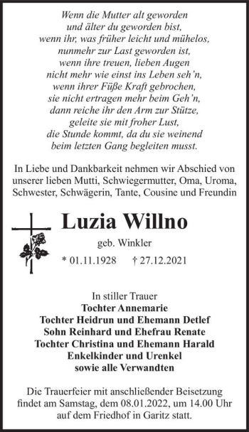 Traueranzeige von Luzia Willno (geb. Winkler)  von Magdeburger Volksstimme