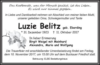Traueranzeige von Luzie Belitz (geb. Eberding)  von Magdeburger Volksstimme
