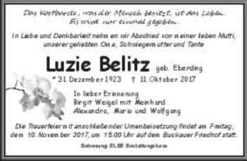 Traueranzeige von Luzie Belitz (geb. Eberding)  von Magdeburger Volksstimme