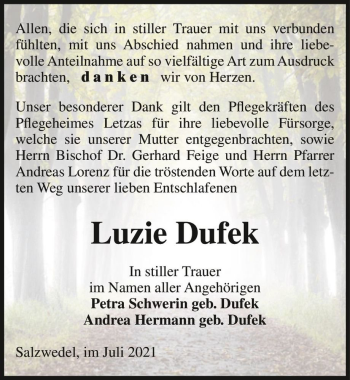 Traueranzeige von Luzie Dufek  von Magdeburger Volksstimme