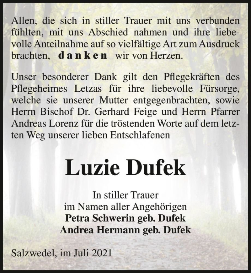  Traueranzeige für Luzie Dufek  vom 29.07.2021 aus Magdeburger Volksstimme