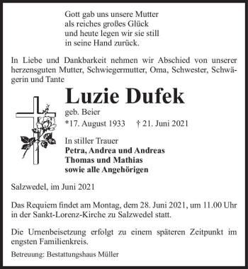 Traueranzeige von Luzie Dufek (geb. Beier)  von Magdeburger Volksstimme