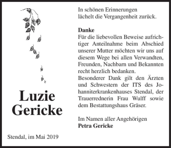 Traueranzeige von Luzie Gericke  von Magdeburger Volksstimme