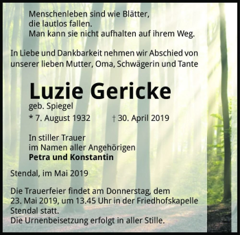 Traueranzeige von Luzie Gericke (geb. Spiegel)  von Magdeburger Volksstimme