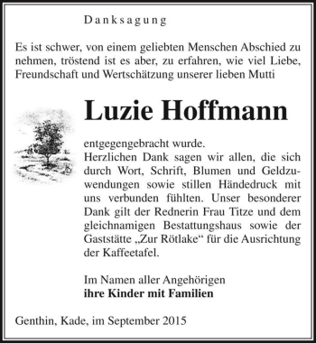Traueranzeige von Luzie Hoffmann  von Magdeburger Volksstimme