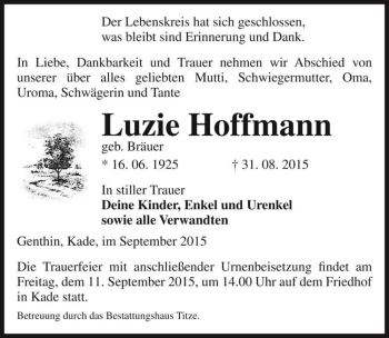 Traueranzeige von Luzie Hoffmann (geb. Bräuer)  von Magdeburger Volksstimme